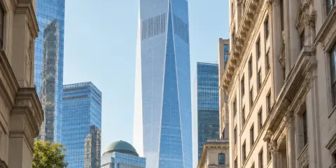 Sunlit Manhattan architecture and One World Trade Center