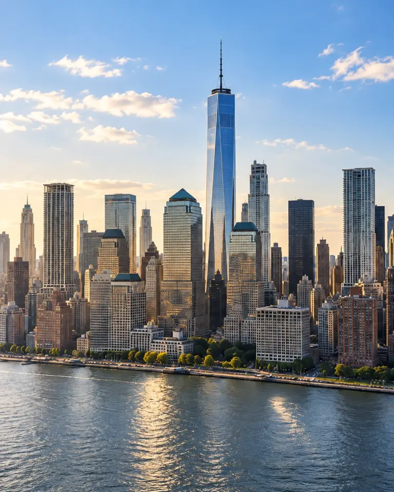 Manhattan skyline and One World Trade Center across the river